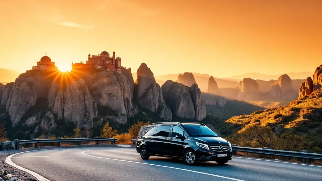 Mercedes V-Class minivan on the scenic road below the Meteora monasteries at sunset
