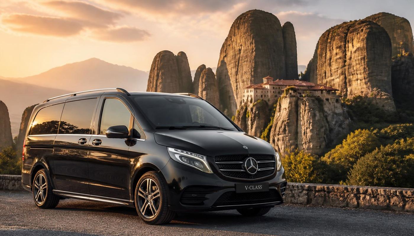 Black Mercedes-Benz V-Class private transfer vehicle parked on the Meteora monastery road at golden hour
