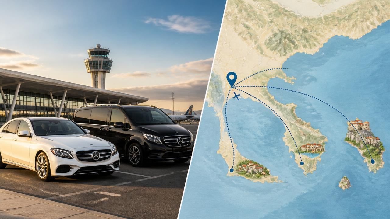Taxi and private transfer vehicles waiting outside the arrivals area of Thessaloniki Airport